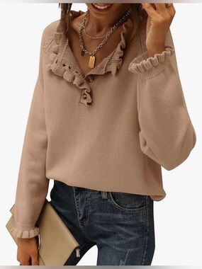 BTFBM Knit Sweater in Rosy Taupe w Ruffled Sleeve & Cuff - Half Button Closure L